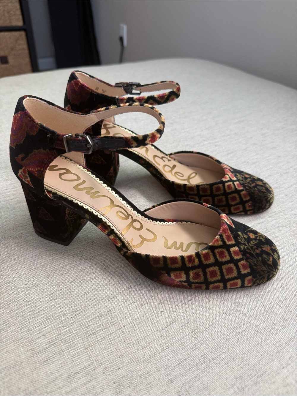 Sam Edelman Black Velvet Floral Ankle-Strap Block Heels - Picture 4 of 9